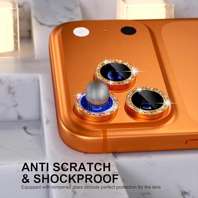 Choiche Compatible for iPhone 17 Pro/iPhone 17 Pro Max Camera Lens Protector Bling, 9H Tempered Glass Camera Cover Screen Protector Metal Ring Decoration Accessories (Glitter-Orange)