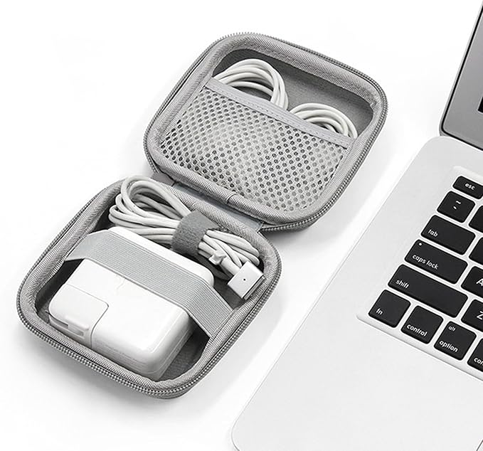 Charger Case for Macbook, Portable Tech Electronic Organizer Bag, Travel Storage Pouch for Laptop Accessories, MacBook Power Adapter, Charging Cords, USB Drives, Power Bank (Grey PU, M)