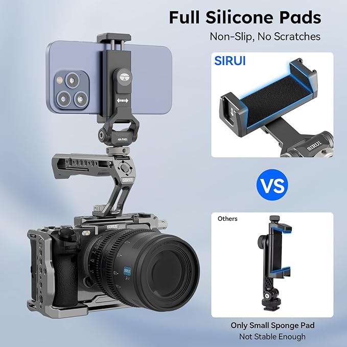 Sirui Metal Phone Holder with Cold Shoe Base for Camera Mount, Universal Tripod Smartphone Clamp with 3 Cold Shoes, Adjustable Cellphone Tripod Mount for iPhone 16 15 14, etc. Gunmetal, AM-PH01