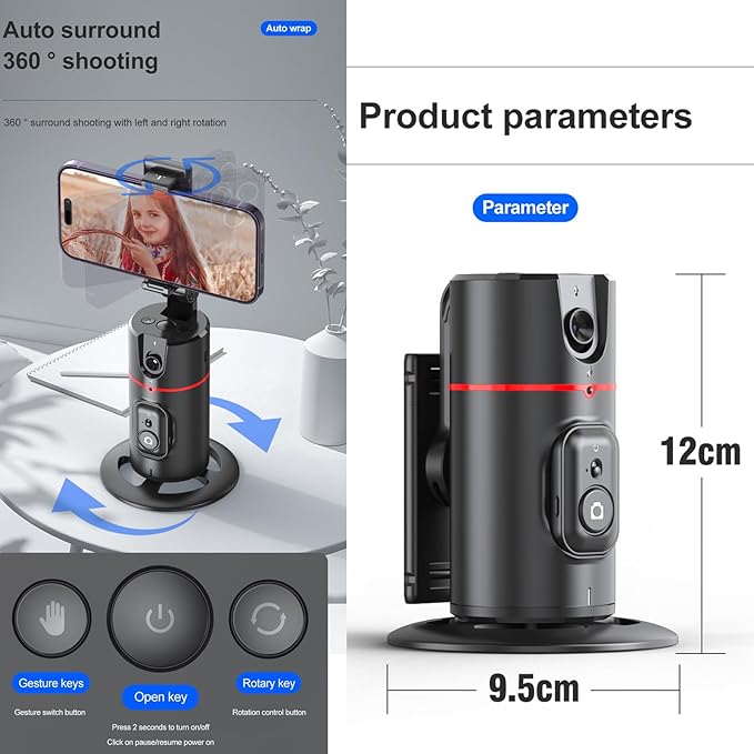 MQOUNY Auto Tracking Phone Holder,360° Rotation Phone Camera Mount Smart Shooting Tracking Holder with Remote Selfie Stick for iPhone Android Stabilizer Shooting Live,No App,Rechargeable