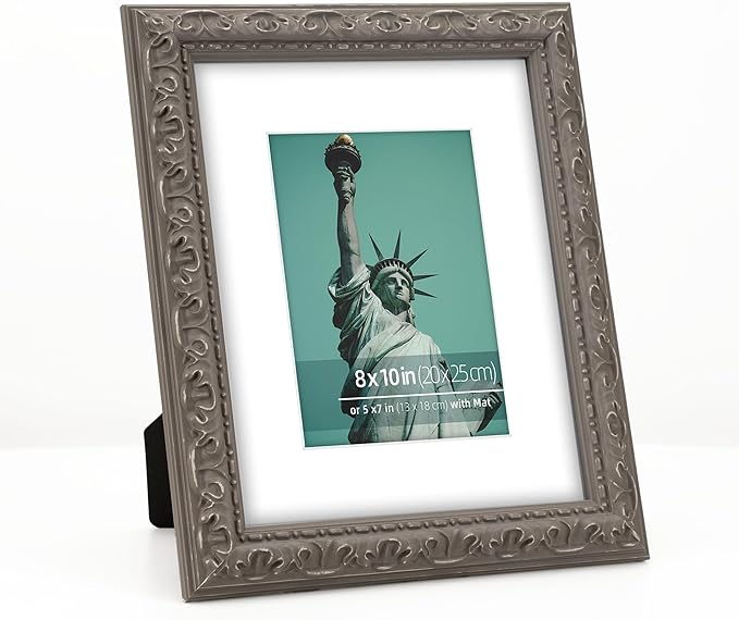 8x10 inch Distressed Wood Embossed Scroll Motif Vintage Antique Rustic Picture Frame, White Mat for 5x7 in Photo, Art Print Drawing, Wall Hanging or Desktop Display-Beige Grey