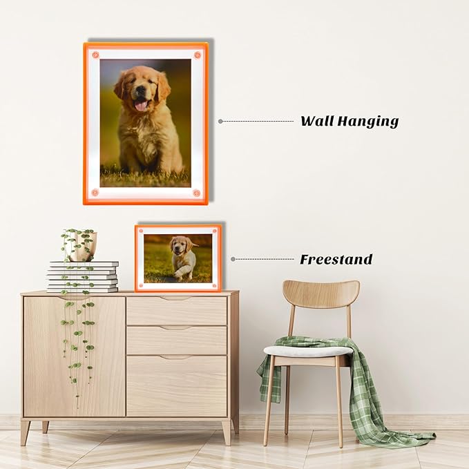 Gelite Acrylic 5X7 Picture Frame to Display 5x7 4x6 Pictures Mat-free Neon Floating Photo Frame for Wall and Tabletop, Neon Orange