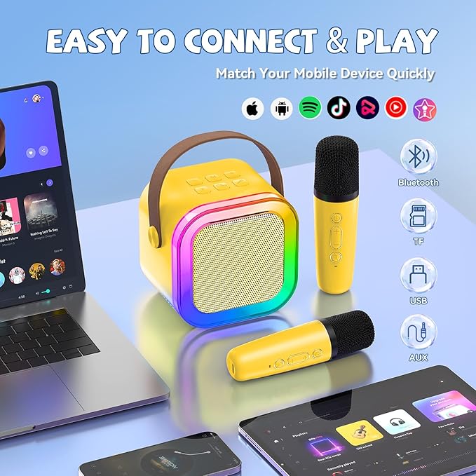 【2026 Newest】 Mini Karaoke Machine for Kids Girls & Boys - Portable Bluetooth Speaker with 2 Wireless Microphones - Kids Birthday Gifts for Ages 4-10 - Kids' Instrument Accessories - Yellow