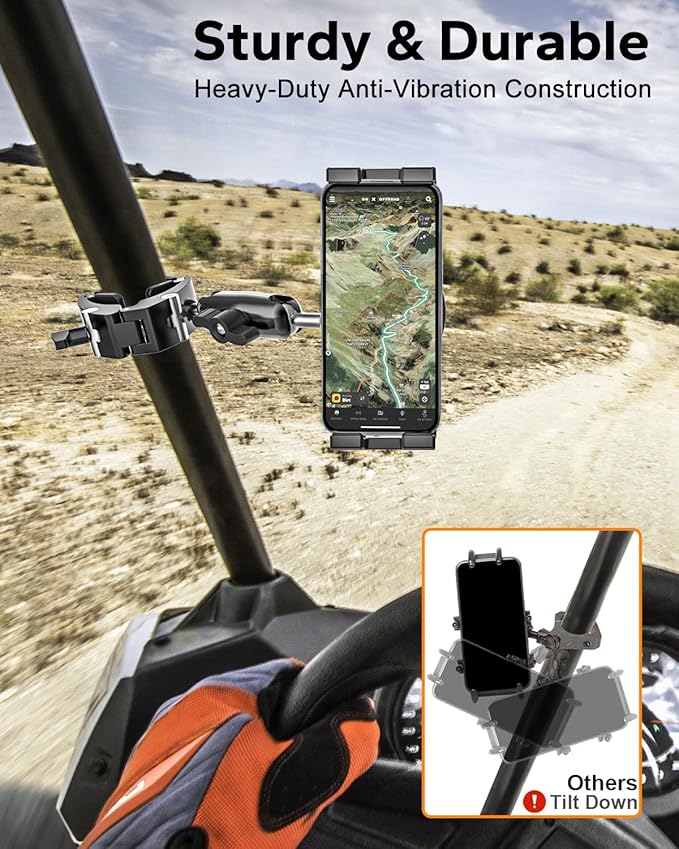 GDZN UTV Phone Mount for 1.5"-1.75" Roll Cage, Anti-Vibration Heavy Duty UTV/SXS Phone Holder with 360° Adjustable Arm, Aluminum Alloy Roll Bar Bracket Fit Polaris RZR, Can-Am for 4.7"-7.6" Devices