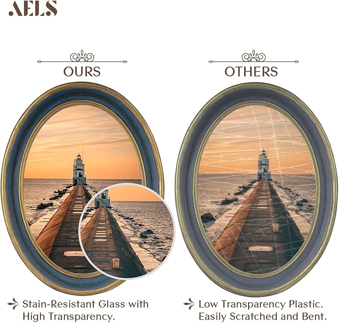 AELS 5x7 Inch Vintage Picture Frame, Elegant Antique Photo Frames with Glass Front, Photo Display, Tabletop Wall Hanging, Gift Ideas, Blue Oval with Gold Trim