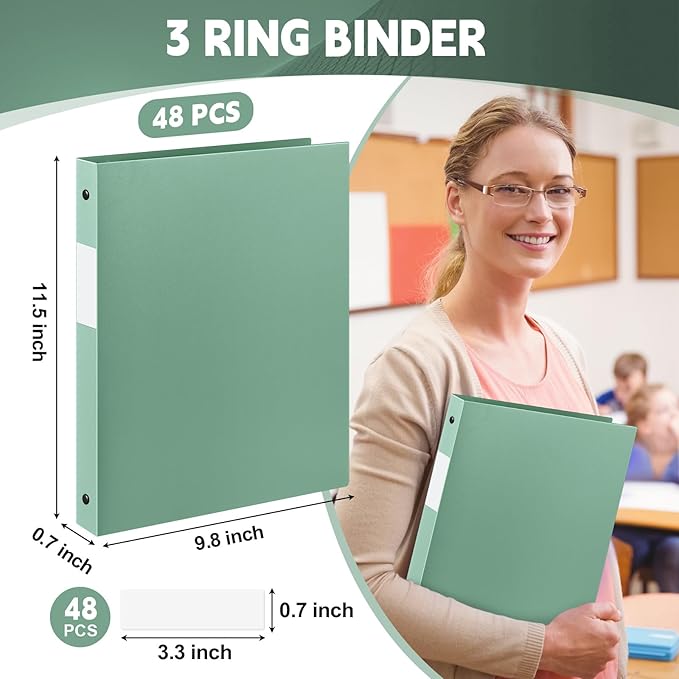 Henoyso 48 Pcs 3 Ring Binder 1/2'' Round Fits Letter Size 8.5'' x 11'' Paper Plastic Flexible Binder Holds 140 Sheets with 1 Pockets Versatile Organizer for Home Office School (Sage Green)