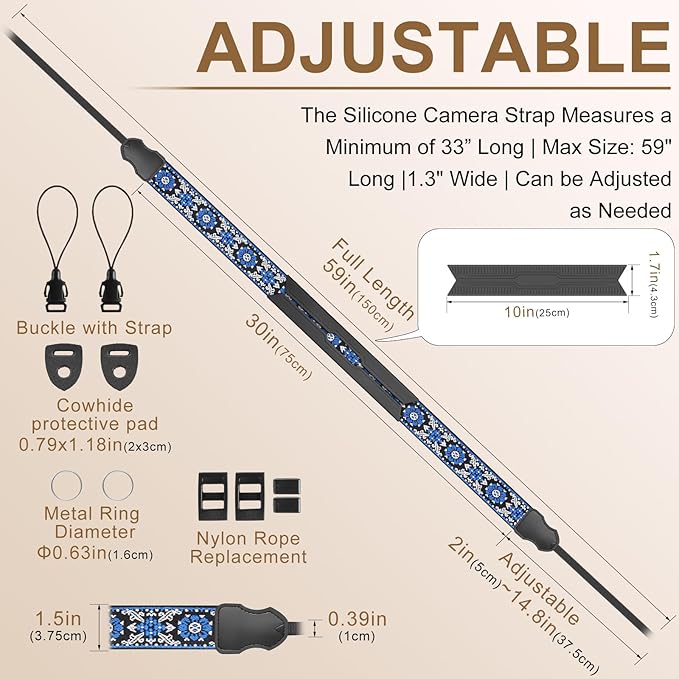 Neck Strap Silicone Camera Straps - Padded Camera Strap, 1.5" Wide Adjustable Nylon Shoulder Strap - Compatible with Canon, Nikon, Sony, and More DSLR and Mirrorless Cameras (Blue)
