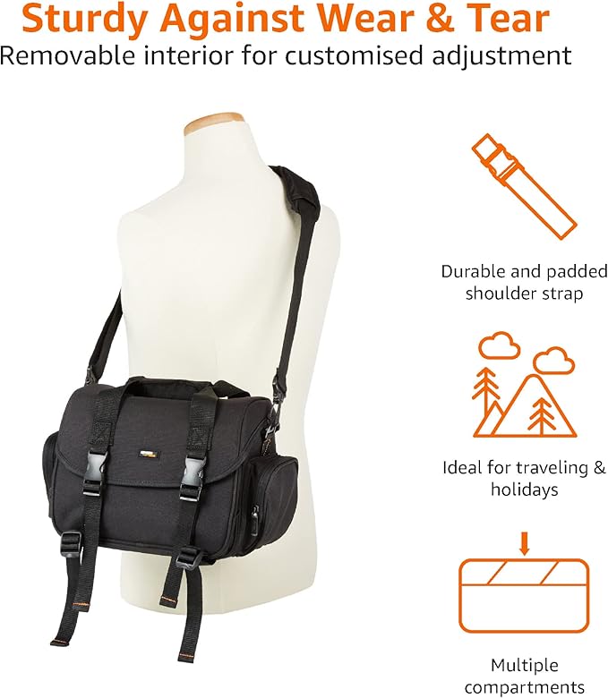 Amazon Basics Large DSLR Gadget Bag for Camera Storage with Shoulder Strap, Black with Grey Interior