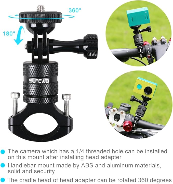 SUREWO Bike Mount for Action Cameras, Aluminum Handlebar Mount Compatible with GoPro Hero 13/12/11/10/9/8/7/6/5 Black, GoPro Max, DJI Osmo Action 5/4/3/2, Crosstour and More