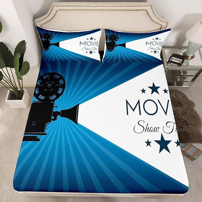 Erosebridal Movie Theater Decor Bed Sheets Set Twin Size Movie Lover Movie Theater Theme Sheet Set for Boys Girls Family Home Theater Decor Sheets Film Theme Fitted Sheet Movie Themed Flat Sheet