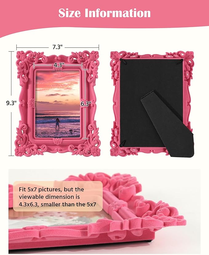 5x7 Decorative Picture Frame with Real Glass for Abstract Artwork Landscape Portraits, Ornate Photo Frames for Travel Snapshots Watercolor Paintings Animal Art Prints Illustration (Pink)