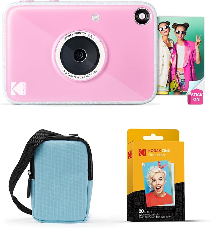 Kodak Printomatic+ Instant Print Digital Camera Starter Bundle + Carrying Case (Blue) + Zink 20pk Sticky-Back Photo Paper - 10MP, Full-Color Photos, GB LED Status Indicator - Pink