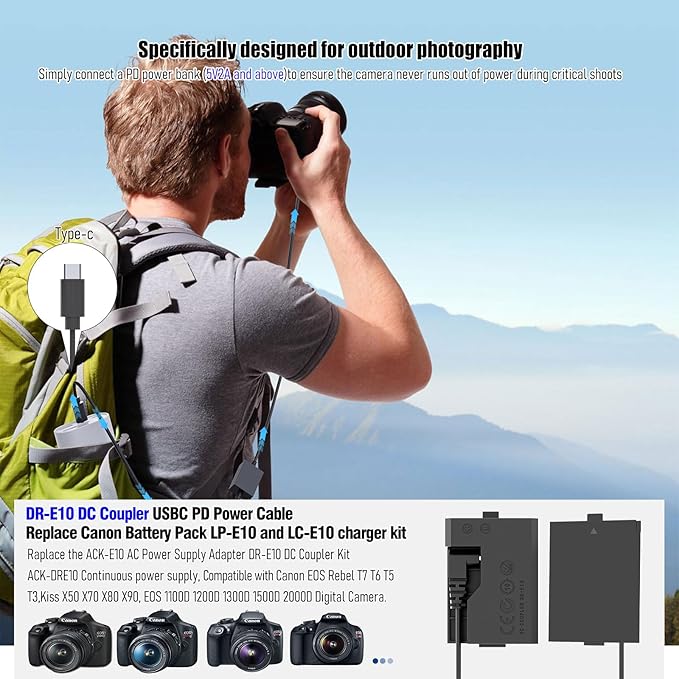 DR-E10 DC Coupler LP-E10 Dummy Battery USB C Cable Replace ACK-E10 AC Power Adapter Compatible with Canon EOS Reble T7 T6 T5 T3 T100 1100D 1200D 1300D 1500D 2000D Kiss X50 X70 X80 X90