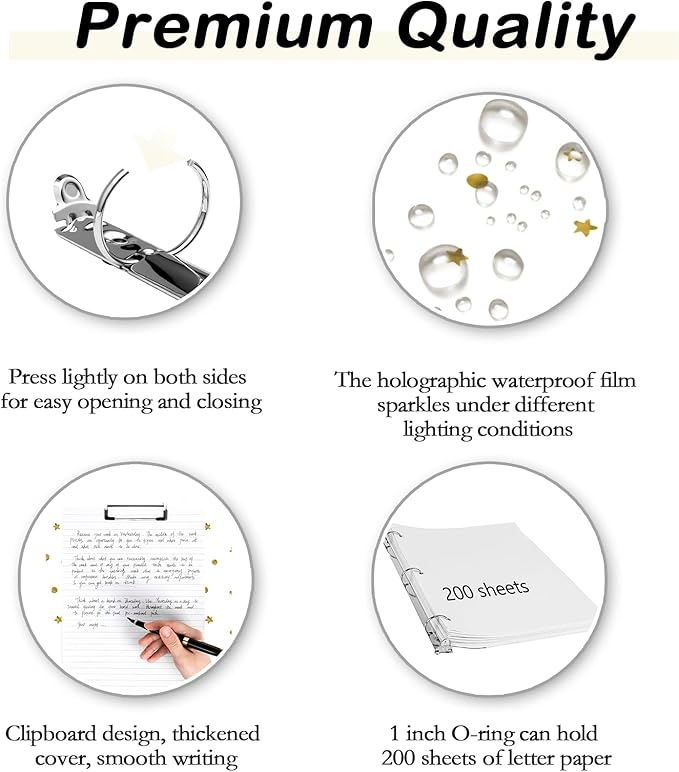 Etzul 3 Ring Binder 1 inch with Clipboard - White with Gold Dots & Stars Design, Includes Dividers, File Bag & Spine Label - Glamorous and Functional for Any Setting, Holographic Waterproof Film