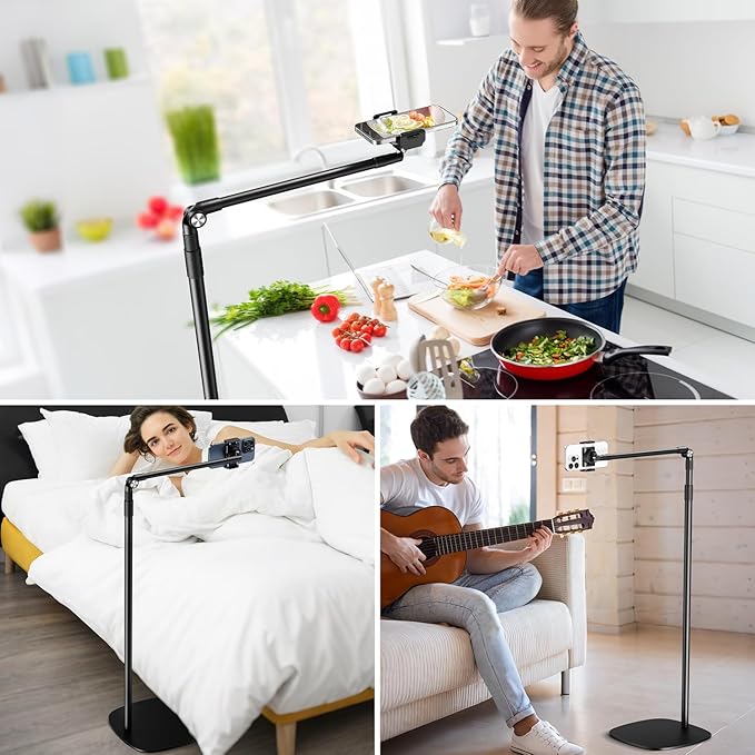 elitehood Floor Phone Stand Overhead Video Recording, 360 Degrees Swivel Tilt Adjustable iPhone Stand for Bed, Chair, Desk, Floor Phone Holder Compatible with iPhone 15, 14, 13, 12, Android Phone