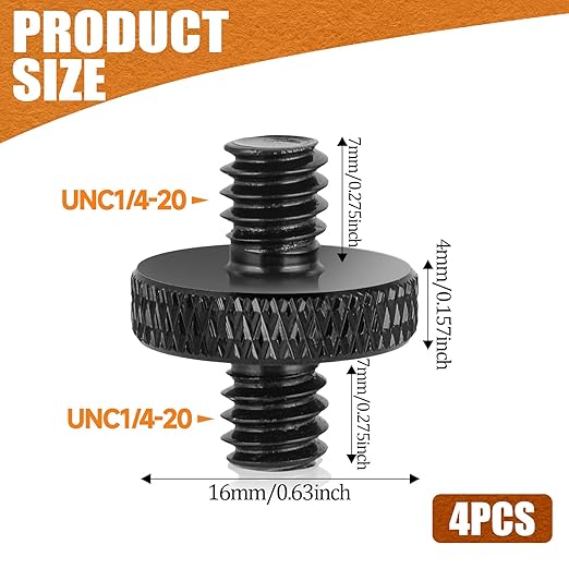 1/4" Male to 1/4" Male Tripod Screw, 4 PCS Standard Camera Cage Mount Threaded Light Stand Screw, Double Head Converter Precision Made for Shoulder Rig Stud Mounting Accessories