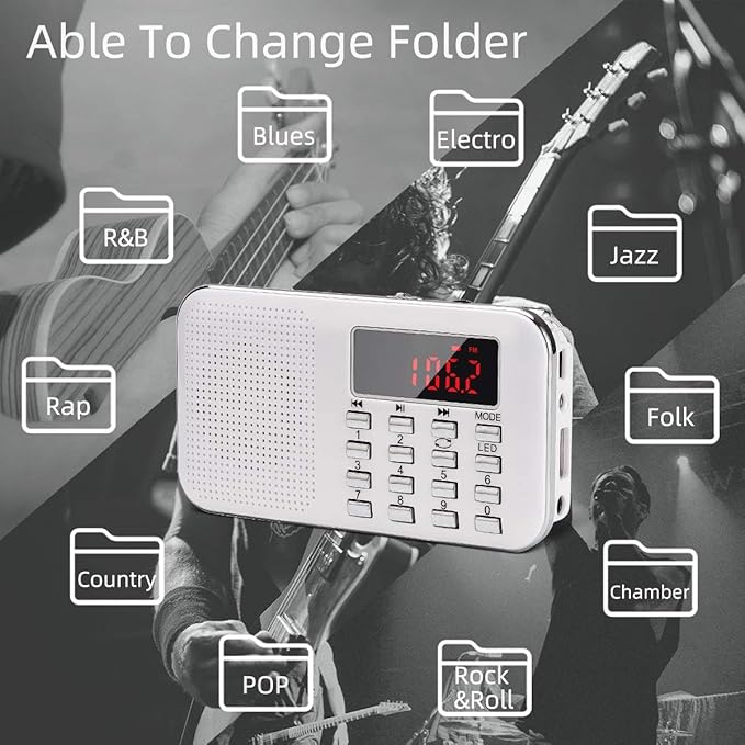 PRUNUS Mini Portable Radio AM FM Pocket Radio with MP3, LED Flashlight, Digital Radios Speaker Support Micro SD/TF Card/USB, Auto Scan Save, 1200mAh Rechargeable Battery Operated[Latest Version]