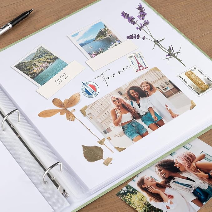 1DOT2 12x12 Inch Large 3 Ring DIY Scrapbook Photo Album Journal with 30 Plastic Sleeves 60 Pages and Fabric Cover for Baby Travel Wedding Anniversary kids Adventure (Sage Green Cover/White Pages)