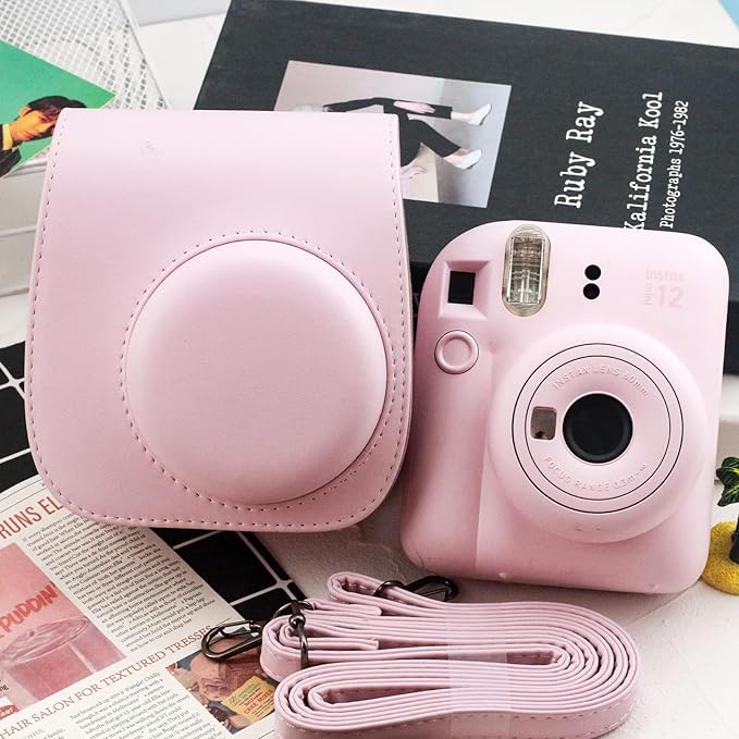 Frankmate Protective Case Compatible with Fujifilm Instax Mini 12 11 9 8 Instant Film Camera with Pocket and Adjustable Strap (Pink)