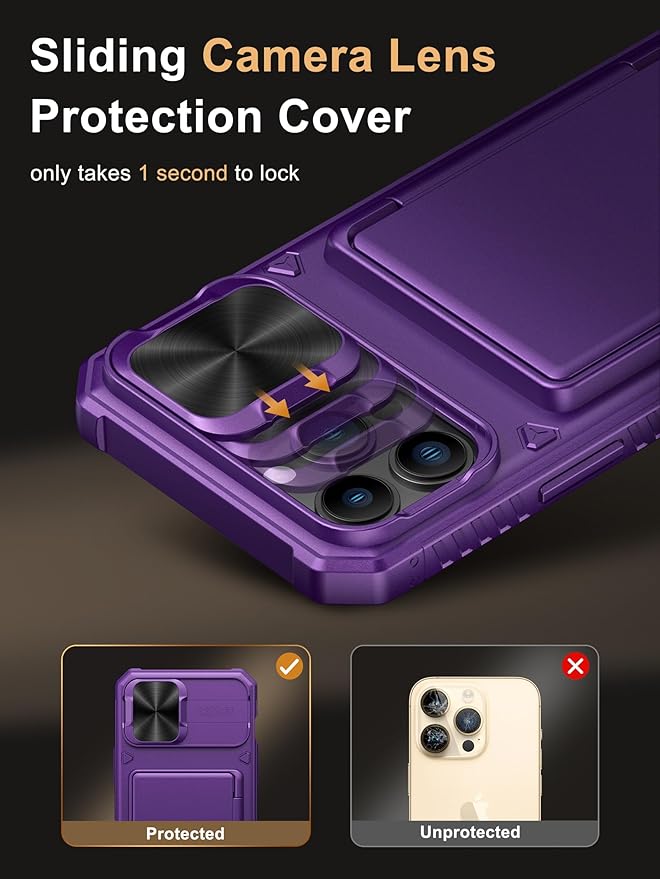 Vihibii for iPhone 13 Pro Max/iPhone 12 Pro Max Wallet Case, Built-in Card Holder (4 Cards), [RFID Blocking] & Slide Camera Cover, Military Grade Drop Protection, Rugged Hard Phone Case, Dark Purple