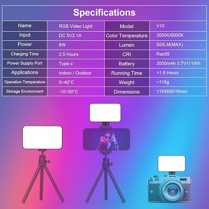 LUXCEO RGB Video Light, Portable LED Camera Light Panel, Dimmable 3000K-6000K CRI95+ Color LED Light with 3000mAh Rechargeable Battery, Pocket LED Photography Lights for Vlogging, Video Conference