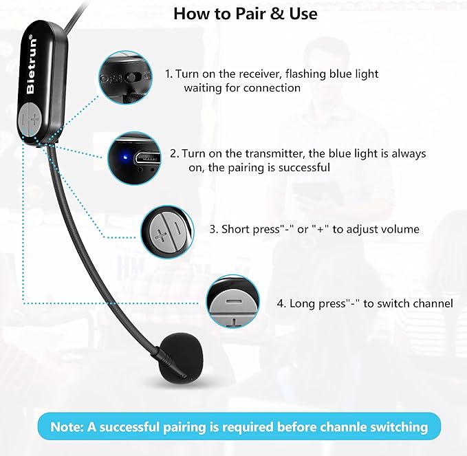 Bietrun Wireless Microphone Headset with 1/4''Plug, 165ft Range, UHF Wireless Headset Mic & Handheld Mic 2 in 1, for Karaoke Speaker, Amplifier, Speakers, PA System, Teaching, Fitness (Black)