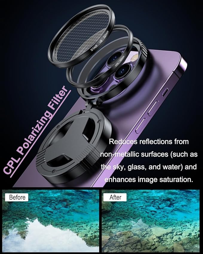 Anti-Glare Foldable Magnetic Phone Filter, Professional 52mm Retractable Polarizing Mobile Camera Lens, Universal Quick Mount Smartphone CPL Filters Compatible with MagSafe iPhone/Pro Max 12-17