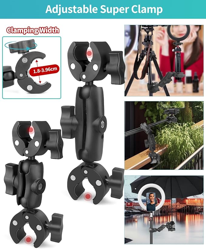 Double Super Clamp Mount 7.28"/18.5cm & 8.86"/22.5cm, Motorcycle Bike Handlebar Umbrella Pole Chair H oleder Clamp Mount for Light Stand Reflector Boom Stand Selfie Stick