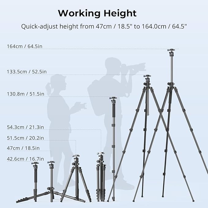 SmallRig CT25 64.5"/164cm Horizontal Overhead Tripod for iPhone & Camera, with Phone Holder & Carrying Bag, 22lb Max Load Aluminum Lightweight Camera Tripod for Overhead Shots/Live Streaming