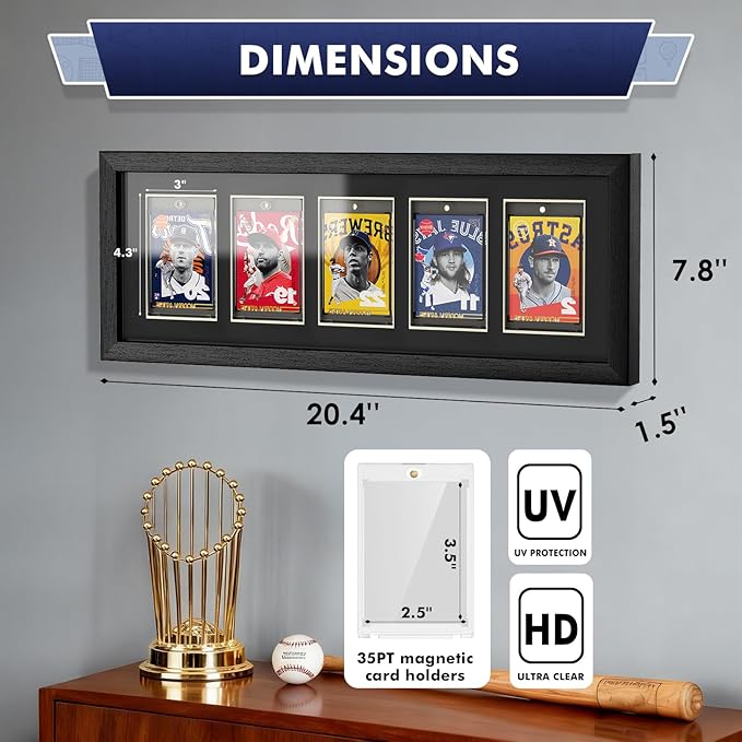Baseball Card Display Case, Wall Mount Trading Card Display Frame for 5 Standard Cards with UV Protection Magnetic Card Holder, Sports Display Cases for Football Basketball Hockey Card Collection