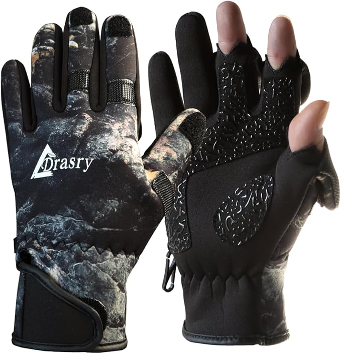 Drasry Neoprene Fishing Gloves Touchscreen 3 Cut Fingers Warm Cold Weather Suitable for Men and Women Ice Fishing Fly Fishing Photography Motorcycle Running Shooting