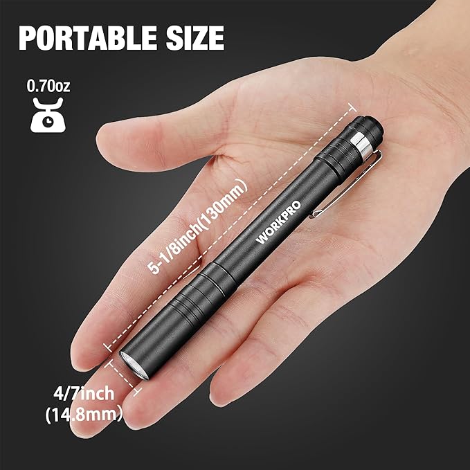 WORKPRO LED Pen Light, Aluminum Pen Flashlights, Pocket Flashlight with Clip for Inspection, Emergency, Everyday, Black(4-Pack)