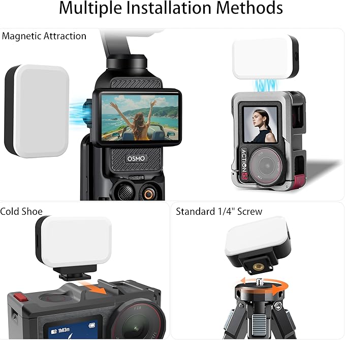 Magnetic LED Selfie Light Compatible for DJI Osmo Pocket 3, Magnetic Mini Fill Light with Cold Shoe Mount Adapter, 3 Color Temperatures, Brightness Adjustable, Rechargeable