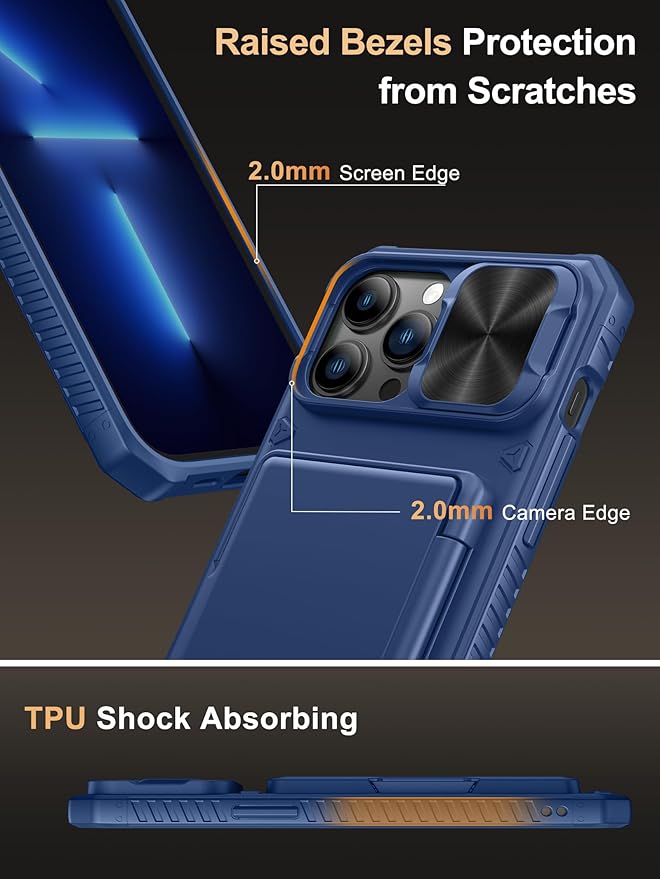 Vihibii for iPhone 13 Pro Max/iPhone 12 Pro Max Wallet Case with Card Holder (4 Cards), [RFID Blocking] & Slide Lens Camera Cover & Raised Edges Protect Screen, Shockproof Rugged Phone Case, Blue