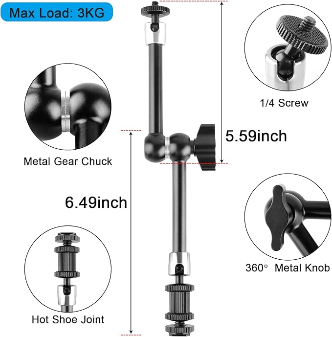 ChromLives 11 Inch Magic Arm Adjustable Articulating Friction Camera Arm W/ 1/4" Thread Screw and Hot Shoe Mount Compatible with DSLR Camera Rig, LED Lights, Flash Light, LCD Monitor