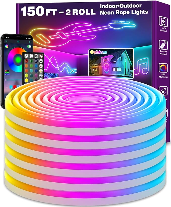 LETIANPAI 150Ft Neon Rope Lights,Flexible Led Rope Lights Control with App/Remote,Multiple Modes Music Sync Gaming RGB Led Neon Lights for Bedroom Outdoor
