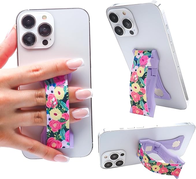 LOVEHANDLE PRO Premium Phone Grip - Silicone Phone Strap - Magnetic Phone Mount and Kickstand for Smartphone and Tablet - Camellias