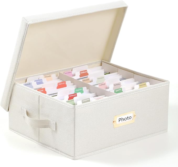 Aokeyee Decorative Linen Photo Storage Box - Holds 1700 4x6 Pictures, Memory Keepsakes Organizer with Dividers