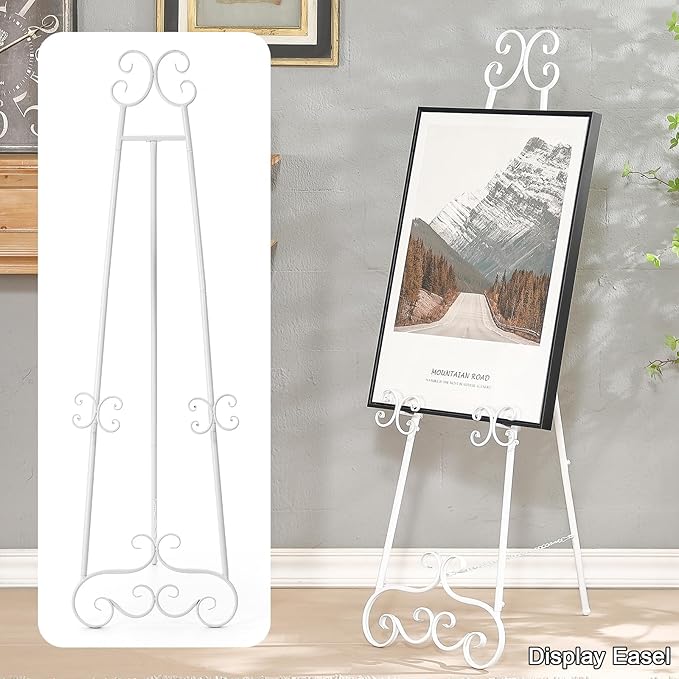 Metal Floor Standing Display Easel, 56" H White Decorative Scroll Easel Stand for Sign Wedding Picture Frame, with Chain Support