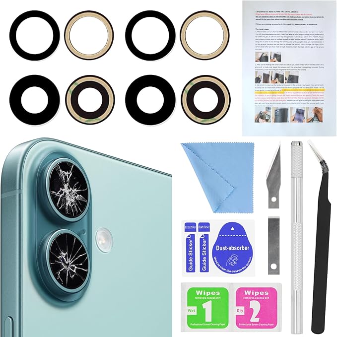 2PCS ASDAWN Back Rear Camera Lens Glass Replacement for iPhone 16 6.1 inch and 16 Plus 6.7 inch with Pre-Installed Adhesive, Back Lens Glass with Installation Manual + Repair Tool Set