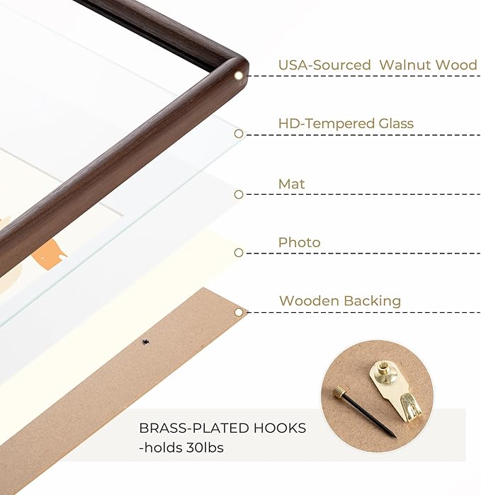 Dreamland 12x16 Picture Frame Matted to 8.5x11 Solid Walnut Wood Wedding Picture Frames Handcrafted Rounded Corner with HD Tempered Glass Tabletop or Wall Mount Display, 1 Pack