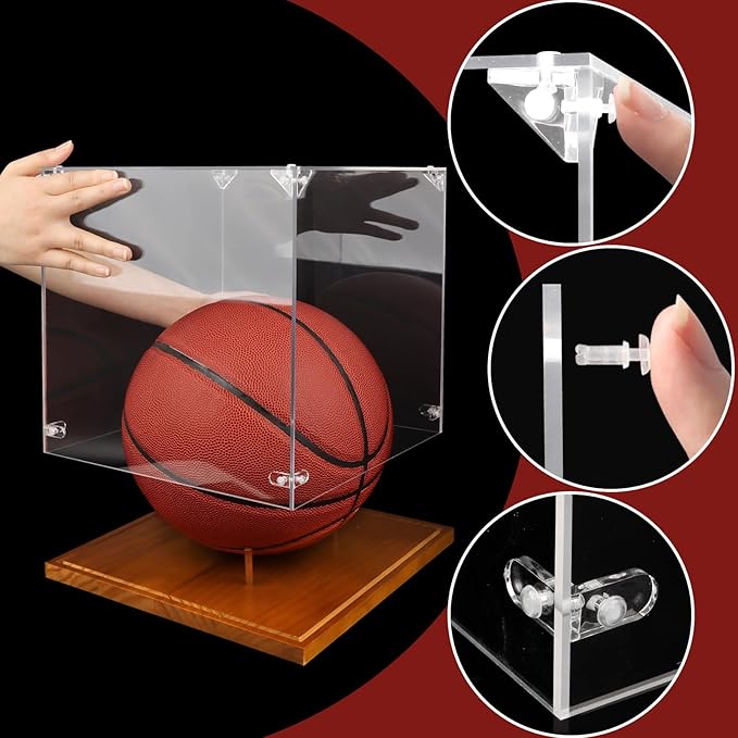 Hooqict Basketball Display Case Acrylic Clear 10" Full Size with Solid Wood Base UV Protected Basketball Holder Display Stand Case Square Box for Sports Collections Autographed Ball Memorabilia Gifts