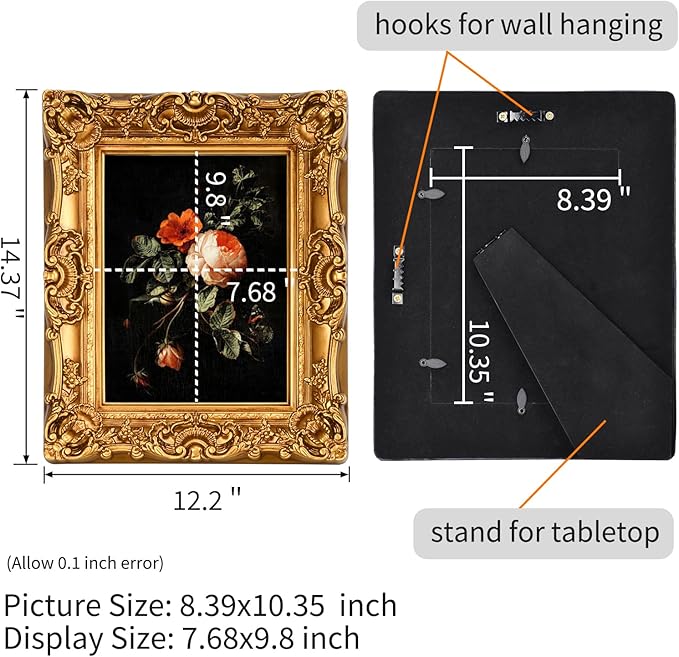8X10 Vintage Picture Frame, Ornate Gold Baroque Antique Style with Glass Front, 8 X 10 Photo Frame for Tabletop Wall Hanging Display