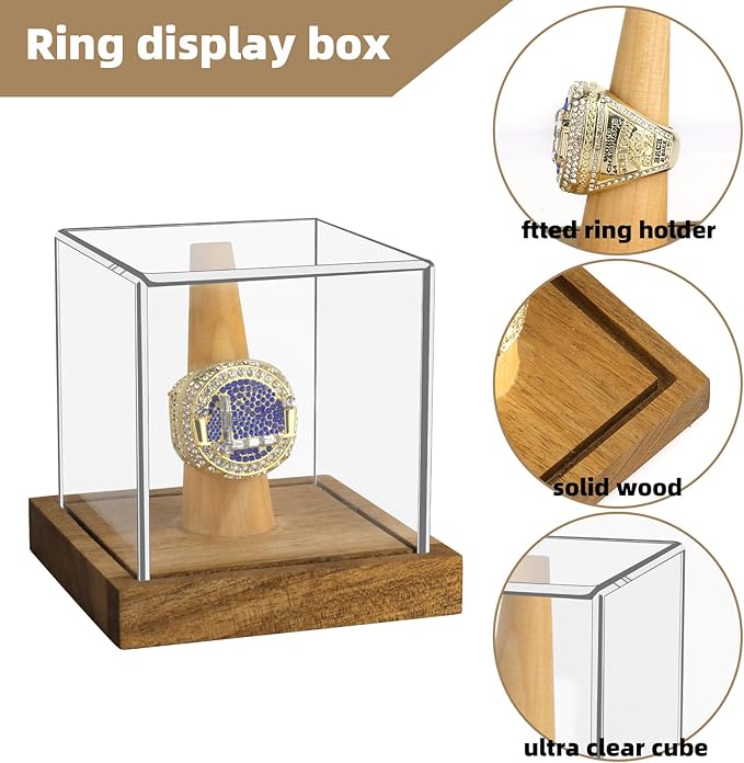 Hooqict Championship Ring Display Case Clear Acrylic Ring Case Display Box UV Protected with Wood Base Stand for Sports Baseball Basketball Softball Football Single Ring Holder Coin Stand