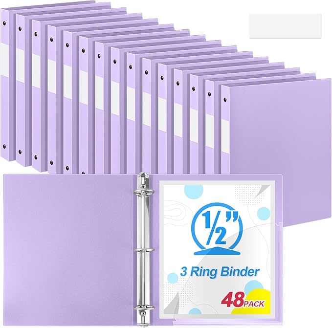 Henoyso 48 Pcs 3 Ring Binder 1/2'' Round Fits Letter Size 8.5'' x 11'' Paper Plastic Flexible Binder Holds 140 Sheets with 1 Pockets Versatile Organizer for Home Office School (Light Purple)