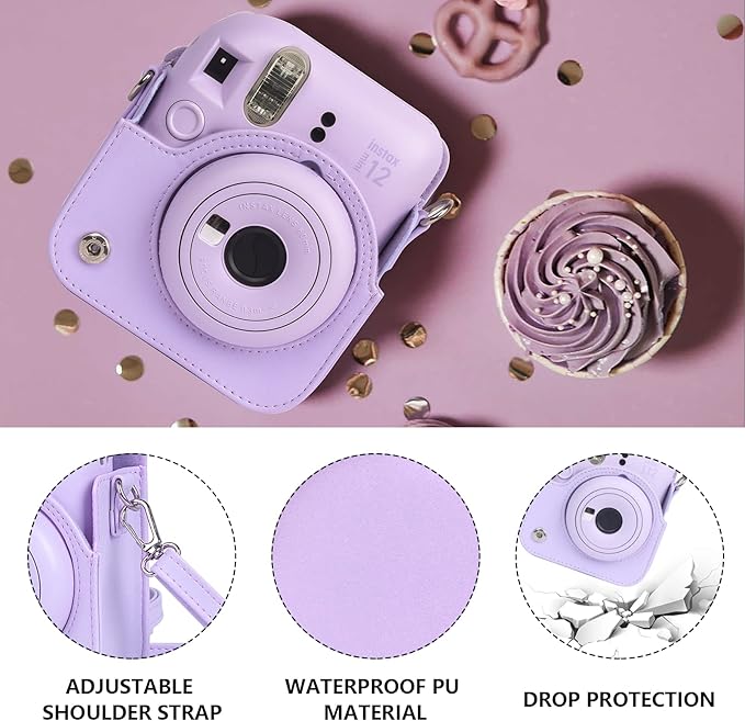 CAIYOULE Camera Case for Fujifilm Instax Mini 12 Instant Film Camera, PU Leather Protective Camera Crossbody Bag for Fuji Mini 12 with Photo Album, Adjustable Shoulder Strap, Lilac Purple-No Camera