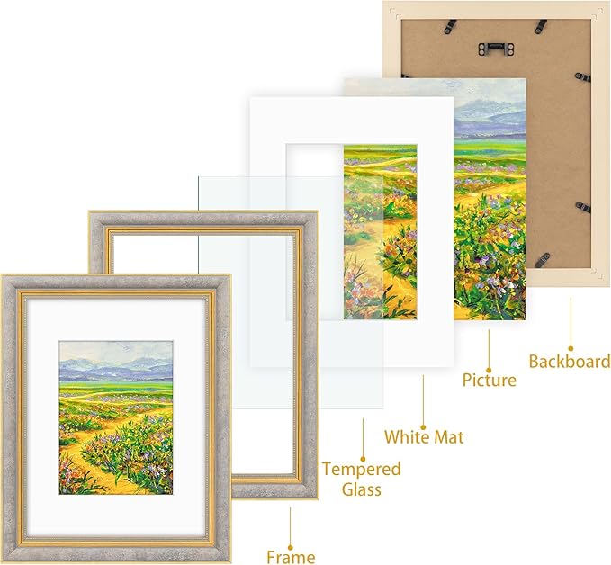 Golden State Art,9x12 Ornate Picture Frame for 6x8 Photo with Mat or 9 x 12 Prints without Mat, Real Glass Wall Display Horizontally or Vertically (Color:Antique Gray Gold)
