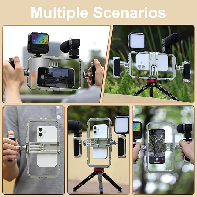 Haoge Universal Phone Cage Video Rig Kit,for iPhone 15/16/17 Pro Max Smartphone Stabilizer with Dual Handle,Handheld Filmmaking Vlogging Phone Rig for Samsung and Other Videomaker Videographer