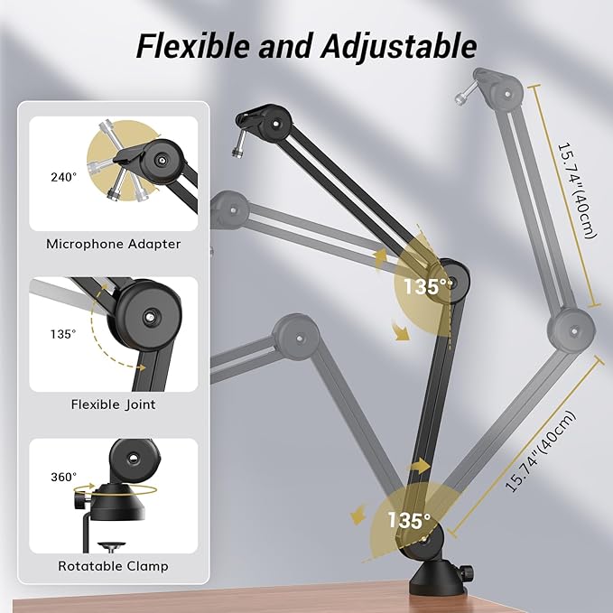 TONOR Microphone Boom Arm, Adjustable Microfono Stand Mic Arm with Extra-large Pop Filter, 3/8’’ and 5/8’’ Screwadapter, Equipment for Podcast, Recording, Streaming, 40cm+40cm, T40