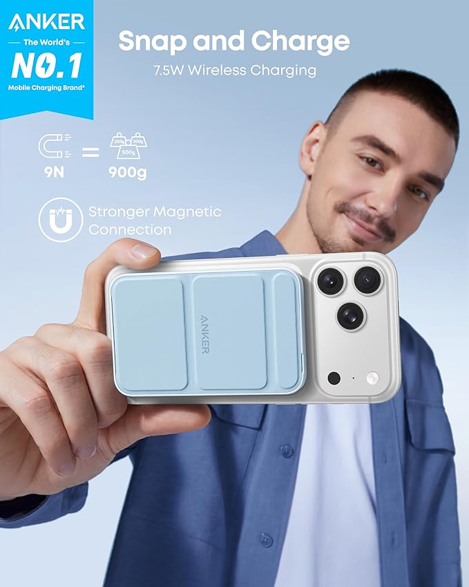 Anker 622 Magnetic Battery (MagGo), 5,000mAh Foldable Magnetic Wireless Portable Charger with Stand and USB-C Port (On The Side), Magsafe-Compatible for iPhone 16/15/14/13 Series